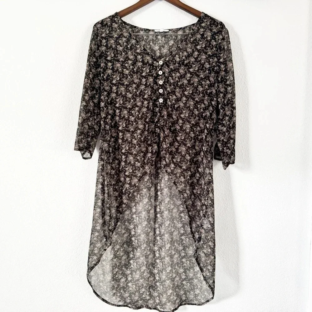 Boho Floral Kimono Blouse Sheer High Low Button Front Dressy Top Small - Picture 2 of 14